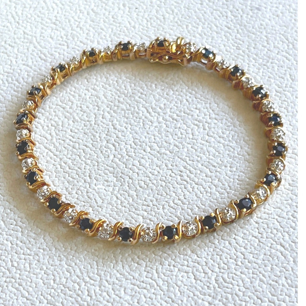 Ross-Simons 925 Sapphire Diamond Tennis Bracelet Gold Tone 7" 13g